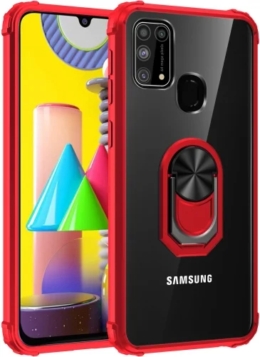 Samsung Galaxy M31 Kılıf Standlı Arkası Şeffaf Kenarları Airbag Kapak - Kırmızı