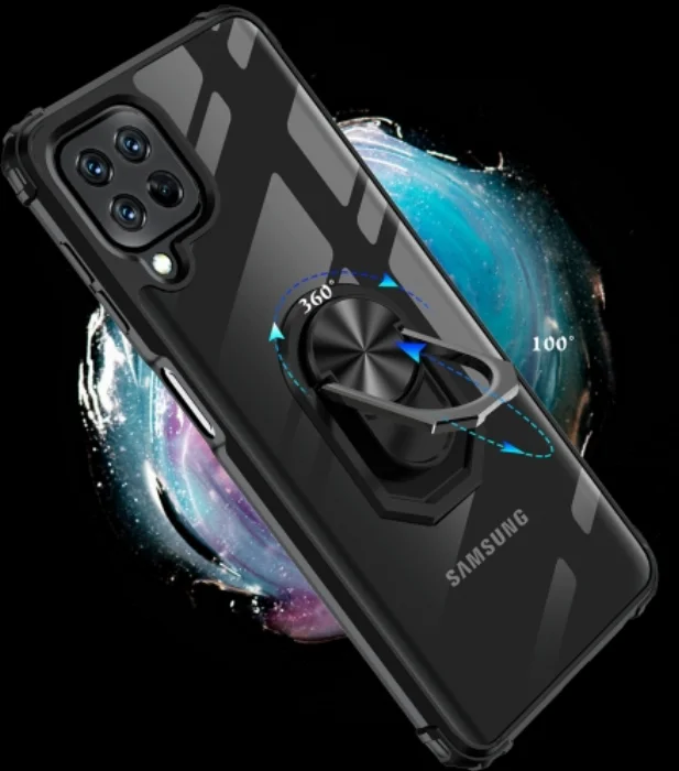 Samsung Galaxy M32 Kılıf Standlı Arkası Şeffaf Kenarları Airbag Kapak - Lacivert