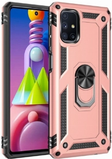 Samsung Galaxy M51 Kılıf Silikon Zırhlı Standlı Yüzüklü Mıknatıslı Tank Kapak - Rose Gold