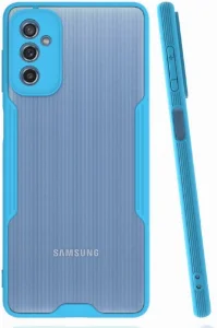 Samsung Galaxy M52 Kılıf Kamera Lens Korumalı Arkası Şeffaf Silikon Kapak - Mavi