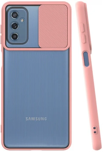 Samsung Galaxy M52 Kılıf Silikon Sürgülü Lens Korumalı Buzlu Şeffaf - Pembe