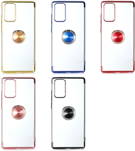 Samsung Galaxy Note 20 Kılıf Renkli Köşeli Yüzüklü Standlı Lazer Şeffaf Esnek Silikon - Rose Gold