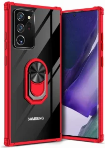 Samsung Galaxy Note 20 Ultra Kılıf Standlı Arkası Şeffaf Kenarları Airbag Kapak - Kırmızı