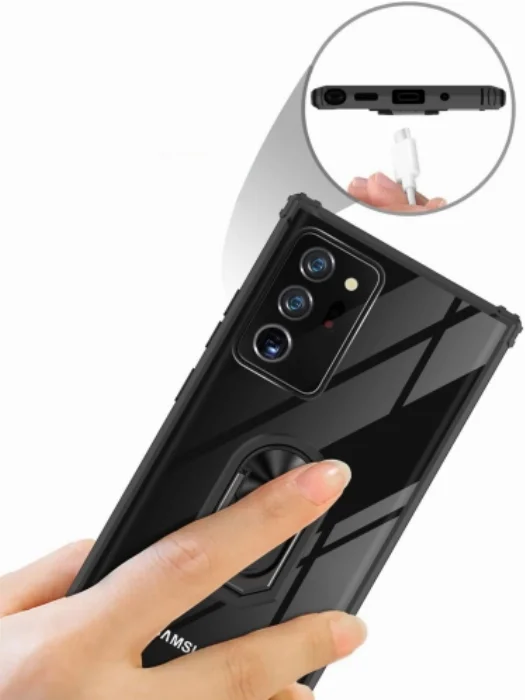 Samsung Galaxy Note 20 Ultra Kılıf Standlı Arkası Şeffaf Kenarları Airbag Kapak - Siyah