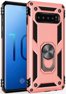 Samsung Galaxy S10 Kılıf Silikon Zırhlı Standlı Yüzüklü Mıknatıslı Tank Kapak - Rose Gold