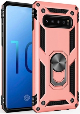 Samsung Galaxy S10 Kılıf Silikon Zırhlı Standlı Yüzüklü Mıknatıslı Tank Kapak - Rose Gold