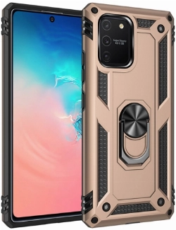 Samsung Galaxy S10 Lite Kılıf Silikon Zırhlı Standlı Yüzüklü Mıknatıslı Tank Kapak - Gold