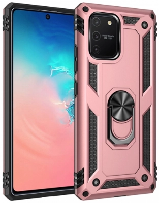 Samsung Galaxy S10 Lite Kılıf Silikon Zırhlı Standlı Yüzüklü Mıknatıslı Tank Kapak - Rose Gold