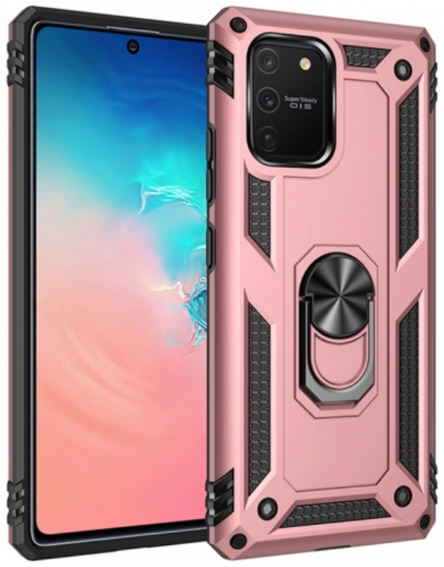 Samsung Galaxy S10 Lite Kılıf Silikon Zırhlı Standlı Yüzüklü Mıknatıslı Tank Kapak - Rose Gold