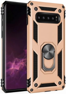 Samsung Galaxy S10 Plus Kılıf Silikon Zırhlı Standlı Yüzüklü Mıknatıslı Tank Kapak - Gold