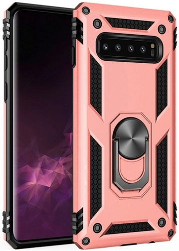 Samsung Galaxy S10 Plus Kılıf Silikon Zırhlı Standlı Yüzüklü Mıknatıslı Tank Kapak - Rose Gold