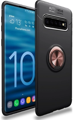 Samsung Galaxy S10e Kılıf Renkli Silikon Yüzüklü Standlı Auto Focus Ravel Kapak - Rose Gold