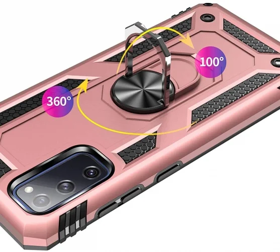 Samsung Galaxy S20 FE Kılıf Silikon Zırhlı Standlı Yüzüklü Mıknatıslı Tank Kapak - Rose Gold