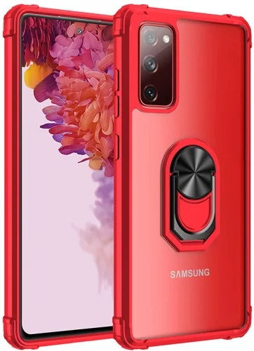 Samsung Galaxy S20 FE Kılıf Standlı Arkası Şeffaf Kenarları Airbag Kapak - Kırmızı