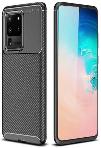 Samsung Galaxy S20 Ultra Kılıf Karbon Serisi Mat Fiber Silikon Negro Kapak - Siyah