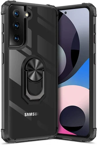 Samsung Galaxy S21 Kılıf Standlı Arkası Şeffaf Kenarları Airbag Yüzüklü Kapak - Siyah