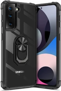 Samsung Galaxy S21 Plus Kılıf Standlı Arkası Şeffaf Kenarları Airbag Yüzüklü Kapak - Siyah
