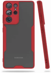 Samsung Galaxy S21 Ultra Kılıf Kamera Lens Korumalı Arkası Şeffaf Silikon Kapak - Kırmızı