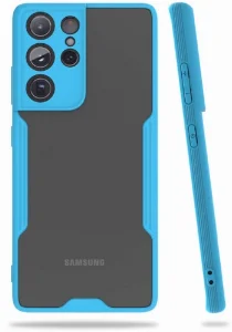 Samsung Galaxy S21 Ultra Kılıf Kamera Lens Korumalı Arkası Şeffaf Silikon Kapak - Mavi