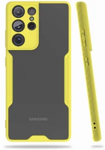 Samsung Galaxy S21 Ultra Kılıf Kamera Lens Korumalı Arkası Şeffaf Silikon Kapak - Sarı