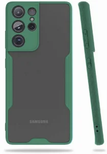 Samsung Galaxy S21 Ultra Kılıf Kamera Lens Korumalı Arkası Şeffaf Silikon Kapak - Yeşil