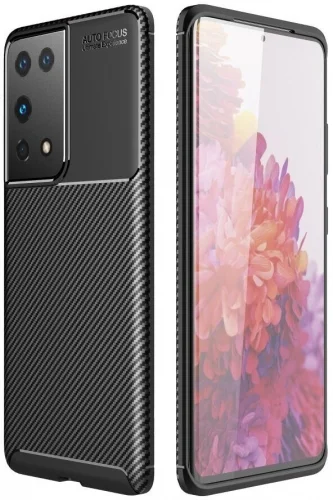 Samsung Galaxy S21 Ultra Kılıf Karbon Serisi Mat Fiber Silikon Negro Kapak - Siyah