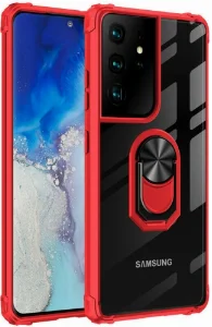 Samsung Galaxy S21 Ultra Kılıf Standlı Arkası Şeffaf Kenarları Airbag Yüzüklü Kapak - Kırmızı