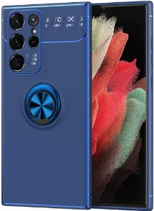 Samsung Galaxy S22 Ultra Kılıf Renkli Silikon Yüzüklü Standlı Auto Focus Ravel Kapak - Mavi