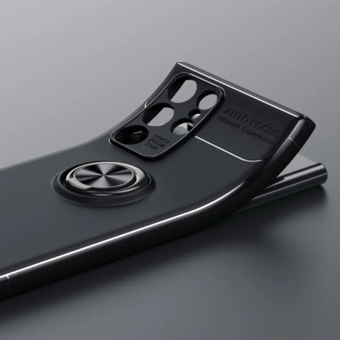 Samsung Galaxy S22 Ultra Kılıf Auto Focus Serisi Soft Premium Standlı Yüzüklü Kapak - Siyah