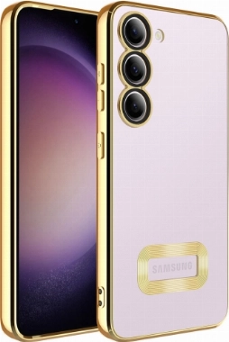 Samsung Galaxy S23 Kılıf Kamera Lens Korumalı Şeffaf Renkli Logo Gösteren Parlak Kapak - Gold