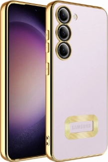 Samsung Galaxy S23 Plus Kılıf Kamera Lens Korumalı Şeffaf Renkli Logo Gösteren Parlak Kapak - Gold