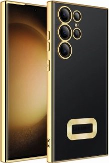 Samsung Galaxy S23 Ultra Kılıf Kamera Lens Korumalı Şeffaf Renkli Logo Gösteren Parlak Kapak - Gold