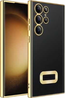 Samsung Galaxy S23 Ultra Kılıf Kamera Lens Korumalı Şeffaf Renkli Logo Gösteren Parlak Kapak - Gold