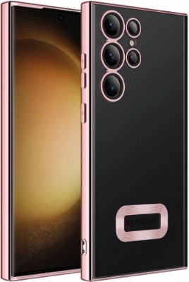 Samsung Galaxy S23 Ultra Kılıf Kamera Lens Korumalı Şeffaf Renkli Logo Gösteren Parlak Kapak - Rose Gold