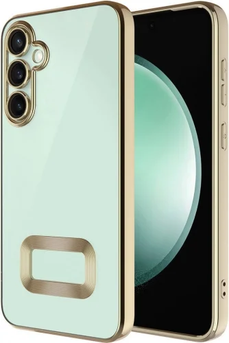 Samsung Galaxy S24 Kılıf Kamera Korumalı Silikon Logo Açık Omega Kapak - Gold