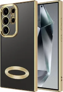 Samsung Galaxy S24 Ultra Kılıf Kamera Korumalı Silikon Logo Açık Omega Kapak - Gold
