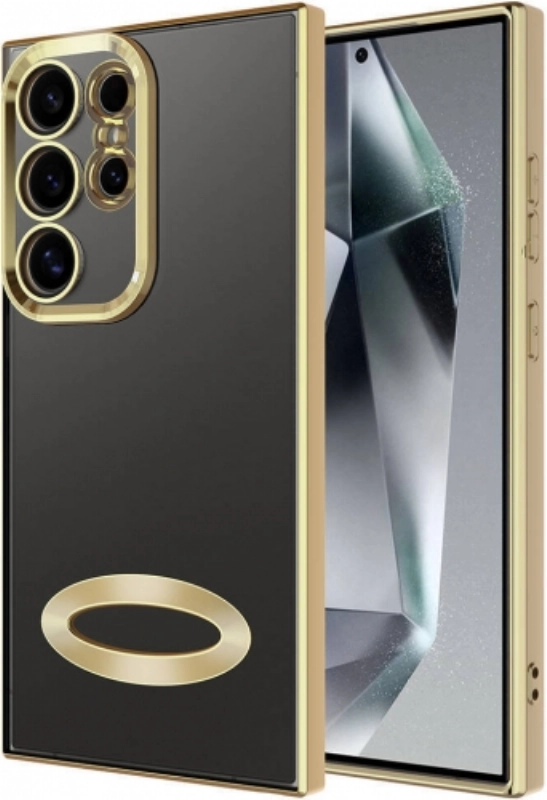 Samsung Galaxy S24 Ultra Kılıf Kamera Lens Korumalı Şeffaf Renkli Logo Gösteren Parlak Kapak - Gold