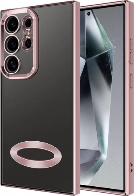 Samsung Galaxy S24 Ultra Kılıf Kamera Lens Korumalı Şeffaf Renkli Logo Gösteren Parlak Kapak - Rose Gold