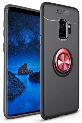 Samsung Galaxy S9 Kılıf Renkli Silikon Yüzüklü Standlı Auto Focus Ravel Kapak - Kırmızı - Siyah