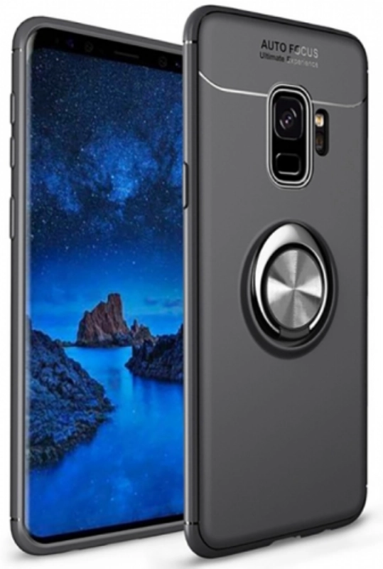 Samsung Galaxy S9 Kılıf Renkli Silikon Yüzüklü Standlı Auto Focus Ravel Kapak - Siyah