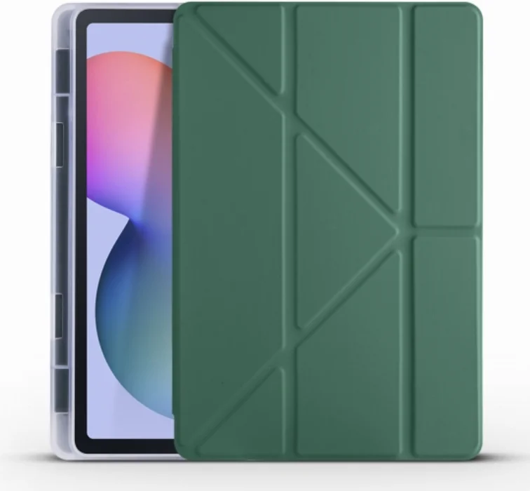 Samsung Galaxy Tab A7 T500 Tablet Kılıfı Standlı Tri Folding Kalemlikli Silikon Smart Cover - Koyu Yeşil