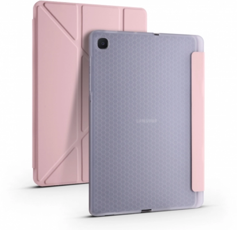 Samsung Galaxy Tab A7 T500 Tablet Kılıfı Standlı Tri Folding Kalemlikli Silikon Smart Cover - Pembe