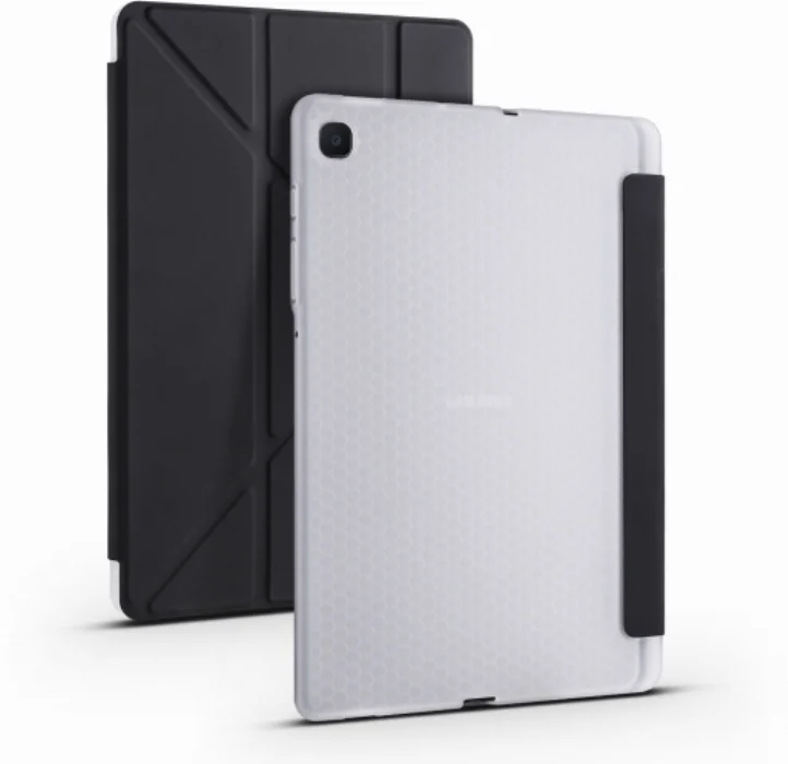 Samsung Galaxy Tab A7 T500 Tablet Kılıfı Standlı Tri Folding Kalemlikli Silikon Smart Cover - Siyah