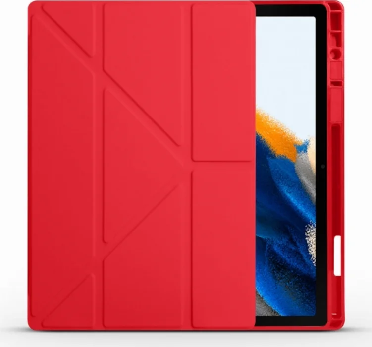 Samsung Galaxy Tab A8 10.5 SM-X200 Tablet Kılıfı Standlı Tri Folding Kalemlikli Silikon Smart Cover - Kırmızı
