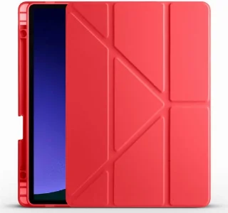 Samsung Galaxy Tab S10  Kılıf Standlı Tri Folding Kalemlikli Silikon Smart Cover - Kırmızı