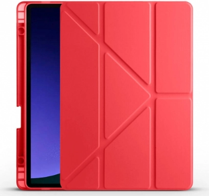 Samsung Galaxy Tab S10  Kılıf Standlı Tri Folding Kalemlikli Silikon Smart Cover - Kırmızı