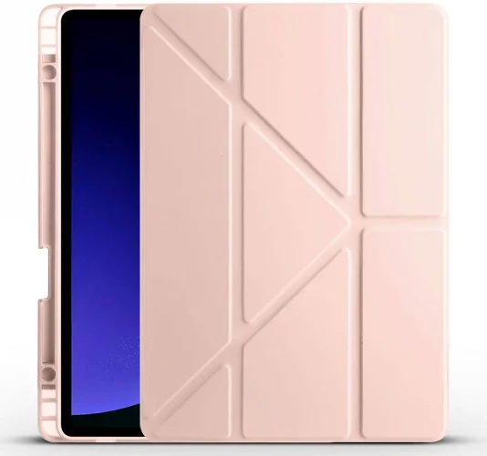 Samsung Galaxy Tab S10  Kılıf Standlı Tri Folding Kalemlikli Silikon Smart Cover - Rose Gold