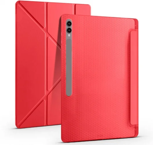 Samsung Galaxy Tab S10 Ultra 14.6 Tablet Kılıfı Standlı Tri Folding Kalemlikli Silikon Smart Cover - Kırmızı