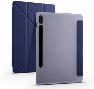 Samsung Galaxy Tab S7 FE T737 Tablet Kılıfı Standlı Tri Folding Kalemlikli Silikon Smart Cover - Lacivert