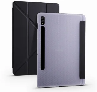 Samsung Galaxy Tab S7 FE T737 Tablet Kılıfı Standlı Tri Folding Kalemlikli Silikon Smart Cover - Siyah